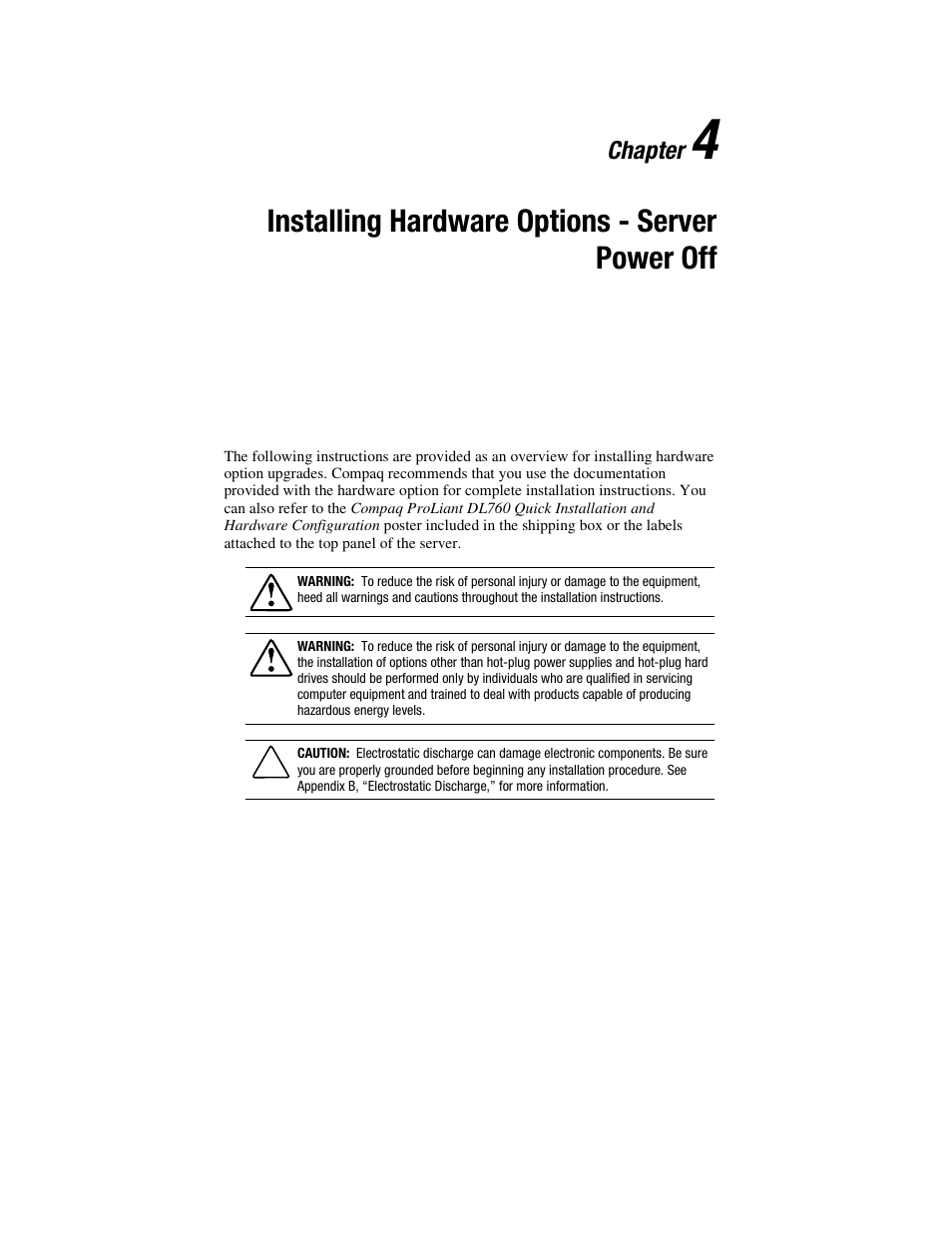 Chapter 4, Installing hardware options - server power off | HP ProLiant DL760 Server User Manual | Page 75 / 229