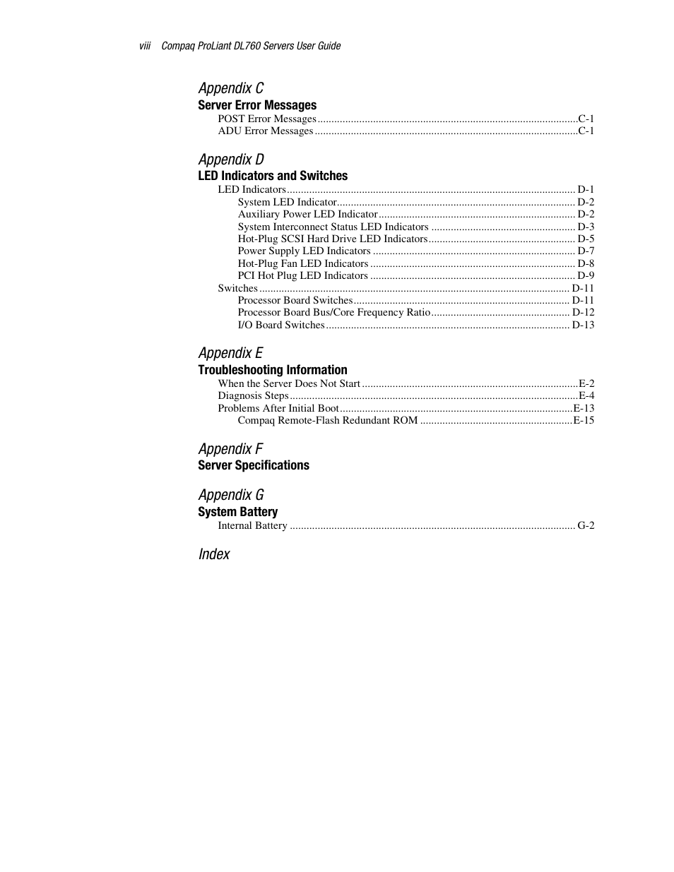 Appendix c, Appendix d, Appendix e | Appendix f, Appendix g, Index | HP ProLiant DL760 Server User Manual | Page 8 / 229