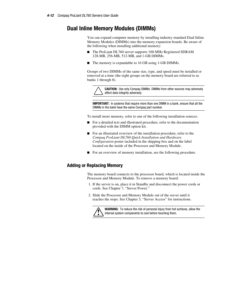 Dual inline memory modules (dimms), Adding or replacing memory, Dual inline memory modules (dimms) -12 | Adding or replacing memory -12 | HP ProLiant DL760 Server User Manual | Page 86 / 229