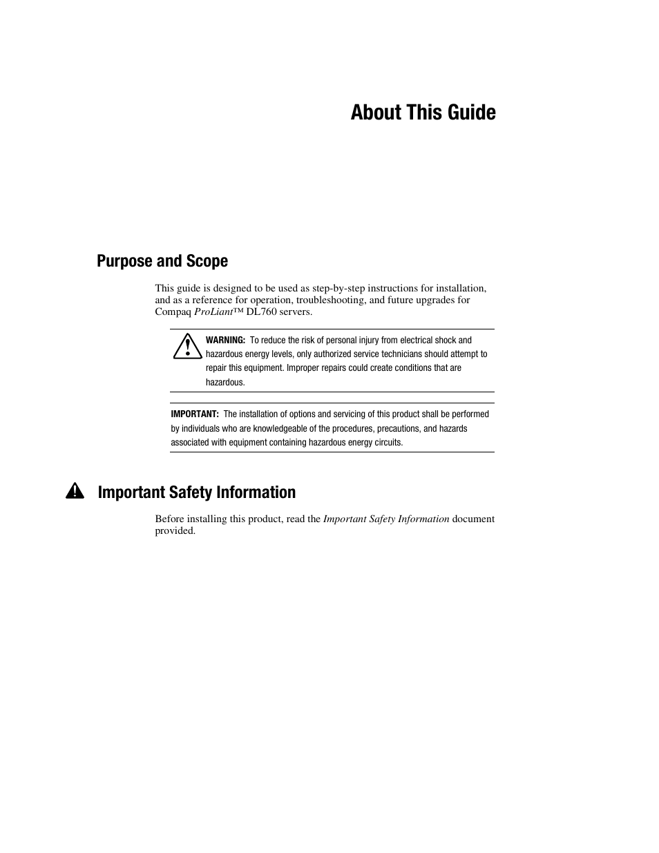 About this guide, Purpose and scope, Important safety information | HP ProLiant DL760 Server User Manual | Page 9 / 229