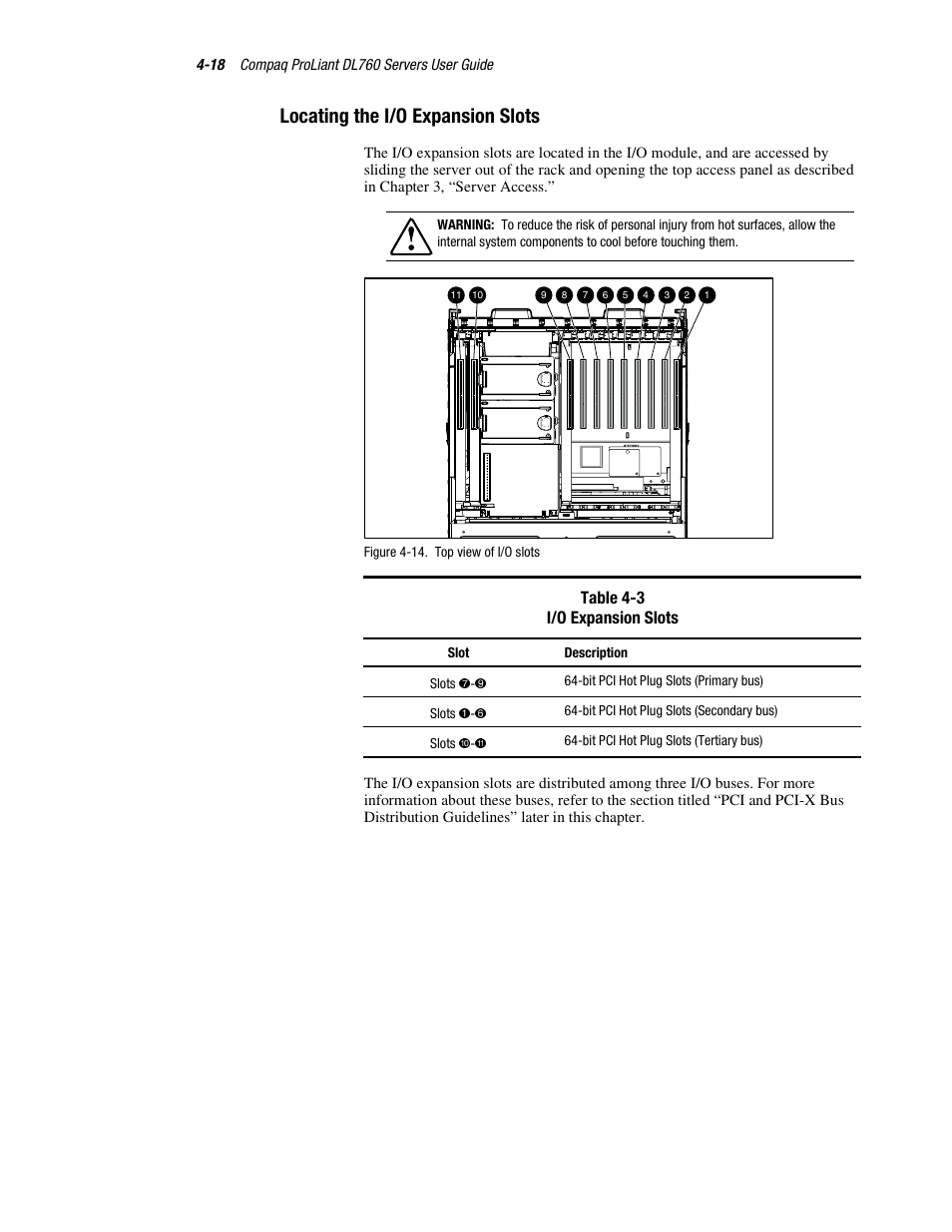 Locating the i/o expansion slots, Locating the i/o expansion slots -18, Table 4-3 i/o expansion slots | HP ProLiant DL760 Server User Manual | Page 92 / 229