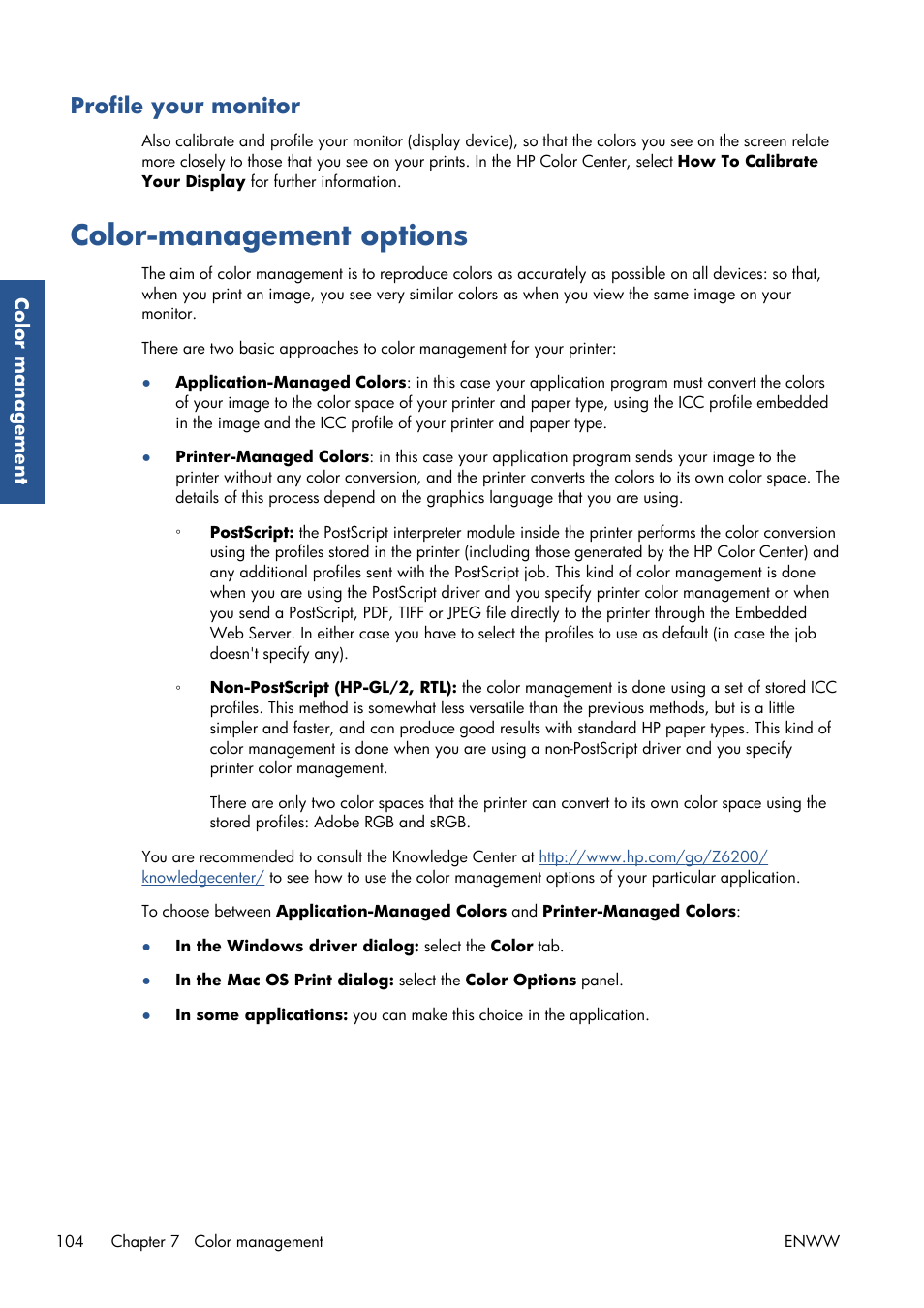 Profile your monitor, Color-management options | HP Designjet Z6200 Photo Printer User Manual | Page 112 / 220