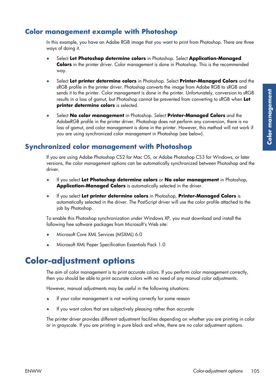 Color management example with photoshop, Synchronized color management with photoshop, Color-adjustment options | HP Designjet Z6200 Photo Printer User Manual | Page 113 / 220