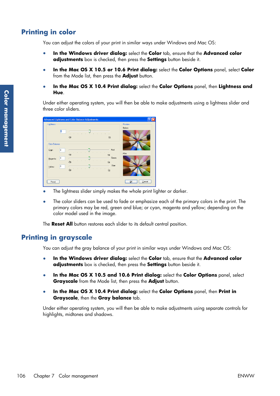 Printing in color, Printing in grayscale | HP Designjet Z6200 Photo Printer User Manual | Page 114 / 220