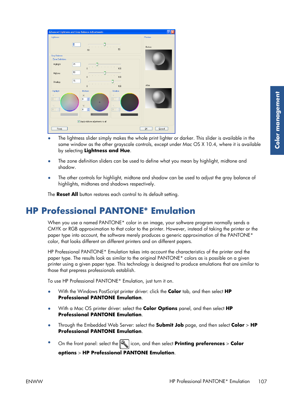 Hp professional pantone* emulation | HP Designjet Z6200 Photo Printer User Manual | Page 115 / 220