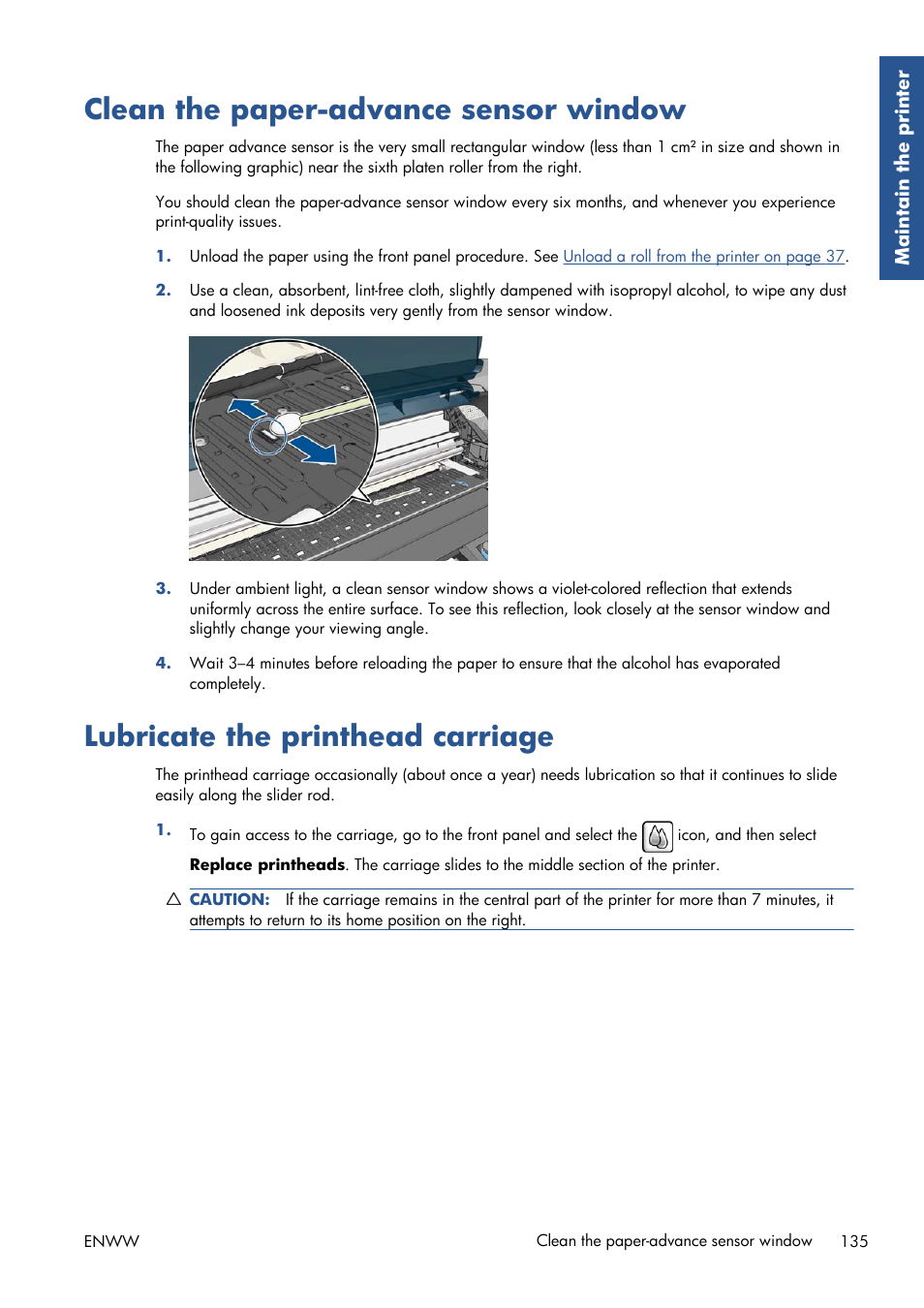 Clean the paper-advance sensor window, Lubricate the printhead carriage, Clean | HP Designjet Z6200 Photo Printer User Manual | Page 143 / 220