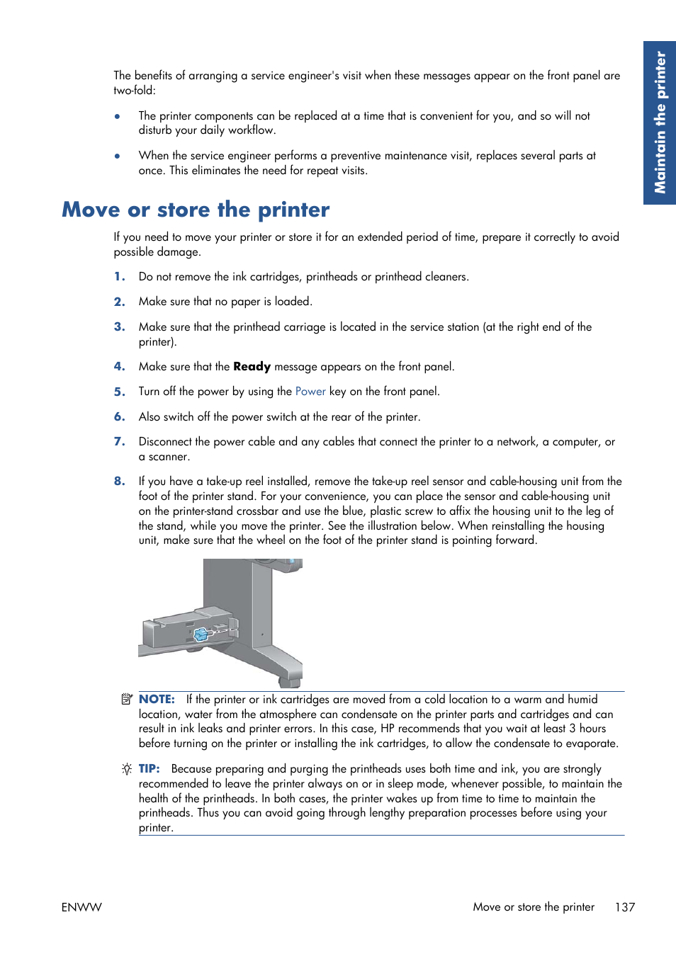 Move or store the printer | HP Designjet Z6200 Photo Printer User Manual | Page 145 / 220