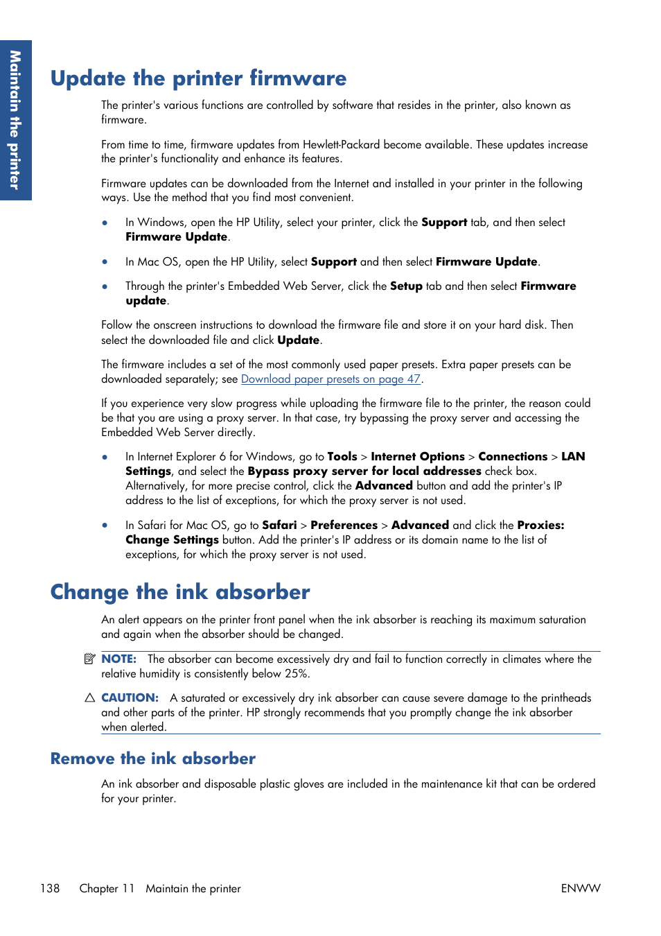 Update the printer firmware, Change the ink absorber, Remove the ink absorber | HP Designjet Z6200 Photo Printer User Manual | Page 146 / 220