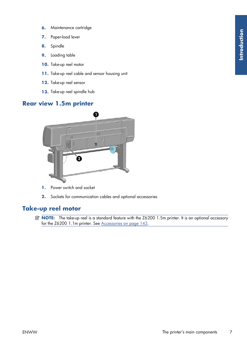 Rear view 1.5m printer, Take-up reel motor | HP Designjet Z6200 Photo Printer User Manual | Page 15 / 220