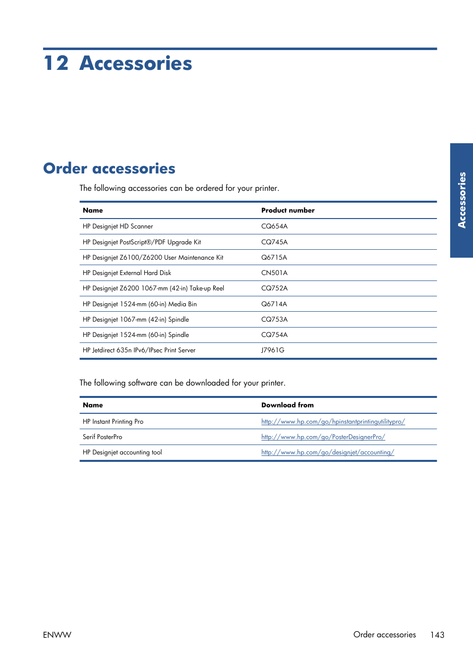 Accessories, Order accessories, 12 accessories | HP Designjet Z6200 Photo Printer User Manual | Page 151 / 220