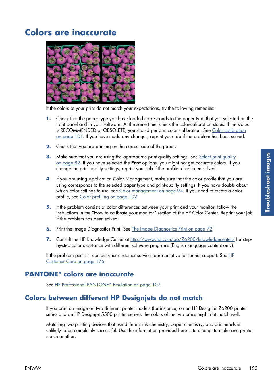 Colors are inaccurate, Pantone* colors are inaccurate | HP Designjet Z6200 Photo Printer User Manual | Page 161 / 220