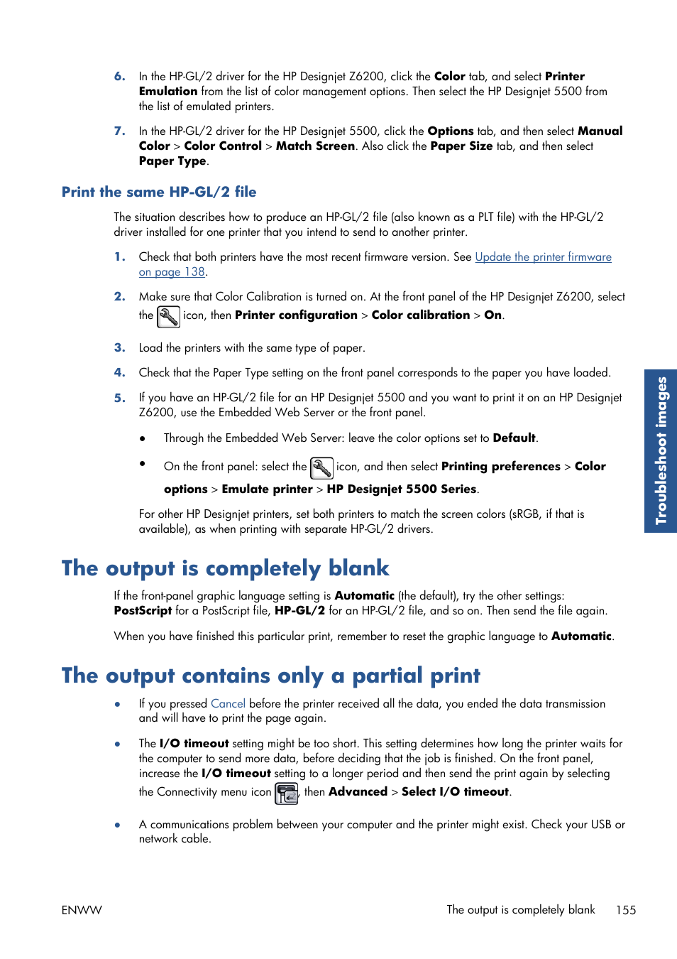 Print the same hp-gl/2 file, The output is completely blank, The output contains only a partial print | HP Designjet Z6200 Photo Printer User Manual | Page 163 / 220