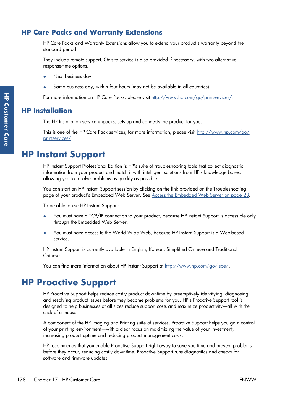 Hp care packs and warranty extensions, Hp installation, Hp instant support | Hp proactive support, Hp instant support hp proactive support | HP Designjet Z6200 Photo Printer User Manual | Page 186 / 220