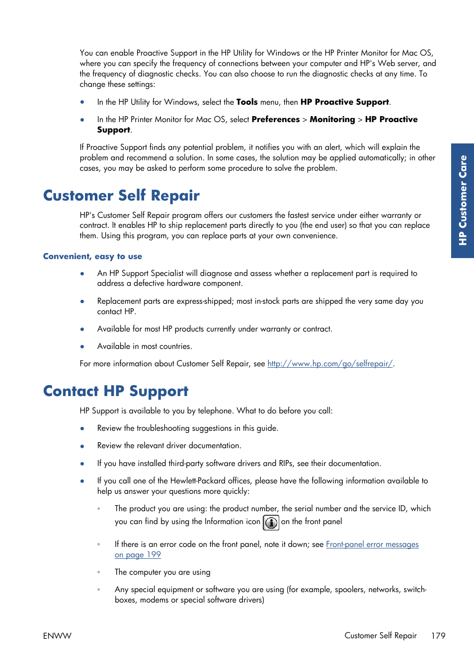 Customer self repair, Contact hp support, Customer self repair contact hp support | Customer self | HP Designjet Z6200 Photo Printer User Manual | Page 187 / 220