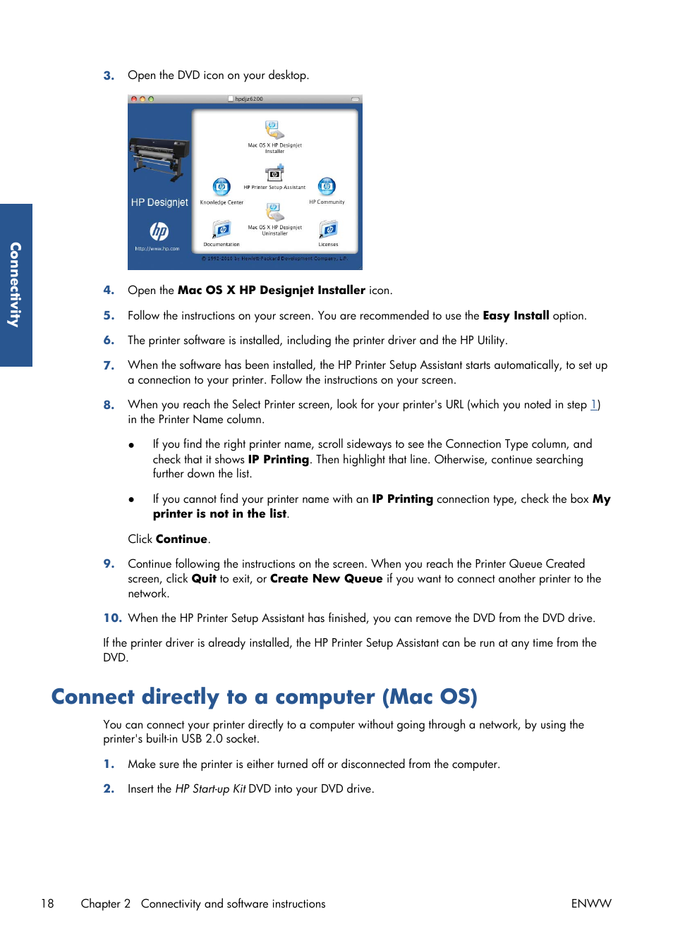 Connect directly to a computer (mac os) | HP Designjet Z6200 Photo Printer User Manual | Page 26 / 220