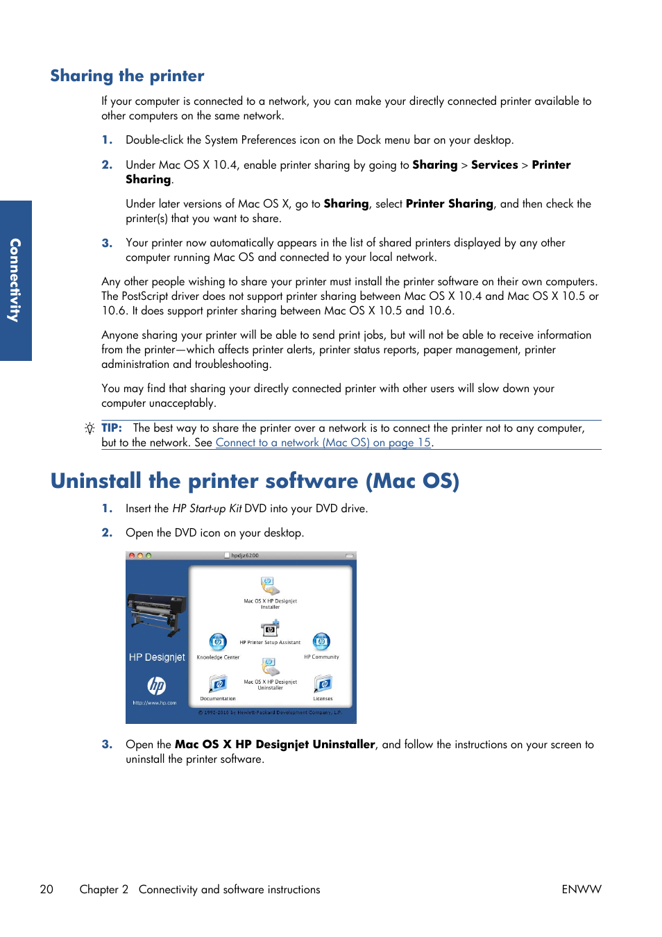 Sharing the printer, Uninstall the printer software (mac os) | HP Designjet Z6200 Photo Printer User Manual | Page 28 / 220