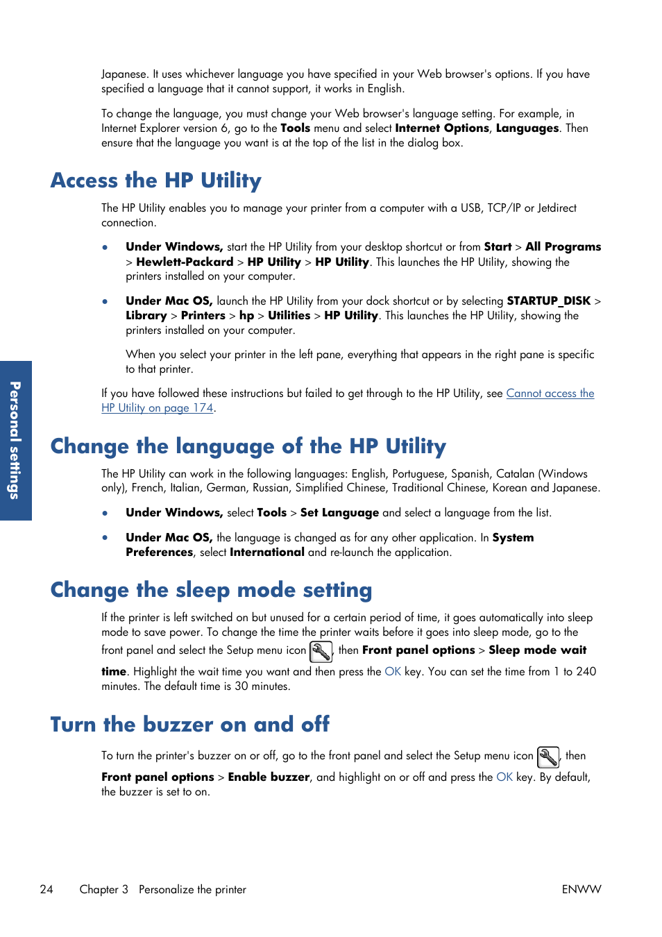 Access the hp utility, Change the language of the hp utility, Change the sleep mode setting | Turn the buzzer on and off, Change the sleep mode | HP Designjet Z6200 Photo Printer User Manual | Page 32 / 220