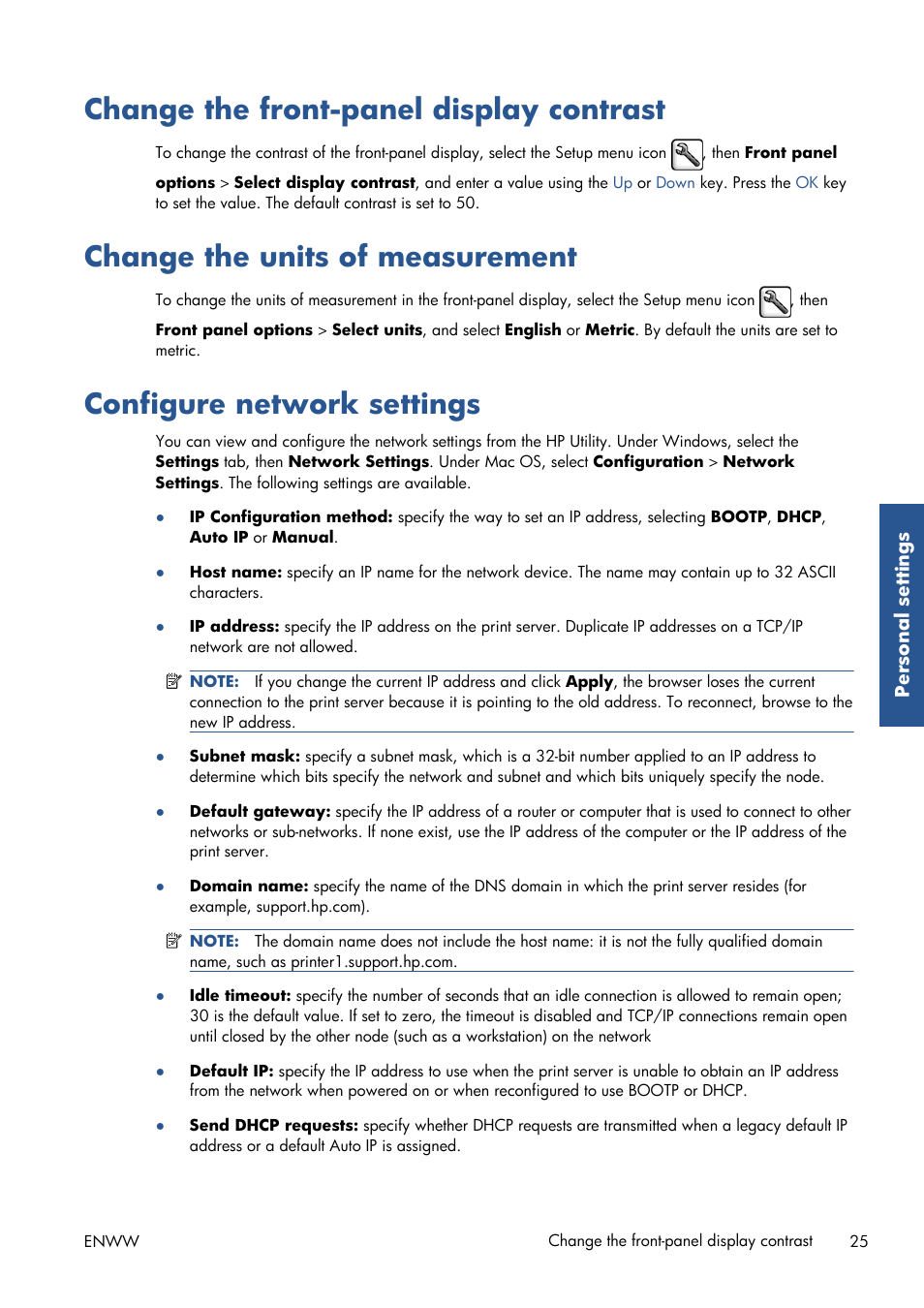 Change the front-panel display contrast, Change the units of measurement, Configure network settings | HP Designjet Z6200 Photo Printer User Manual | Page 33 / 220