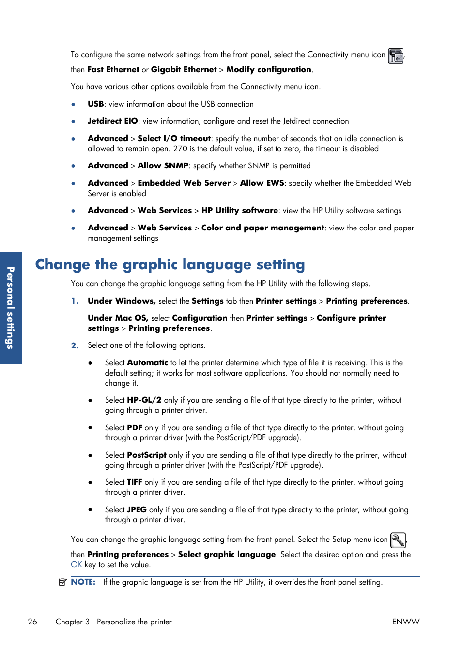 Change the graphic language setting | HP Designjet Z6200 Photo Printer User Manual | Page 34 / 220