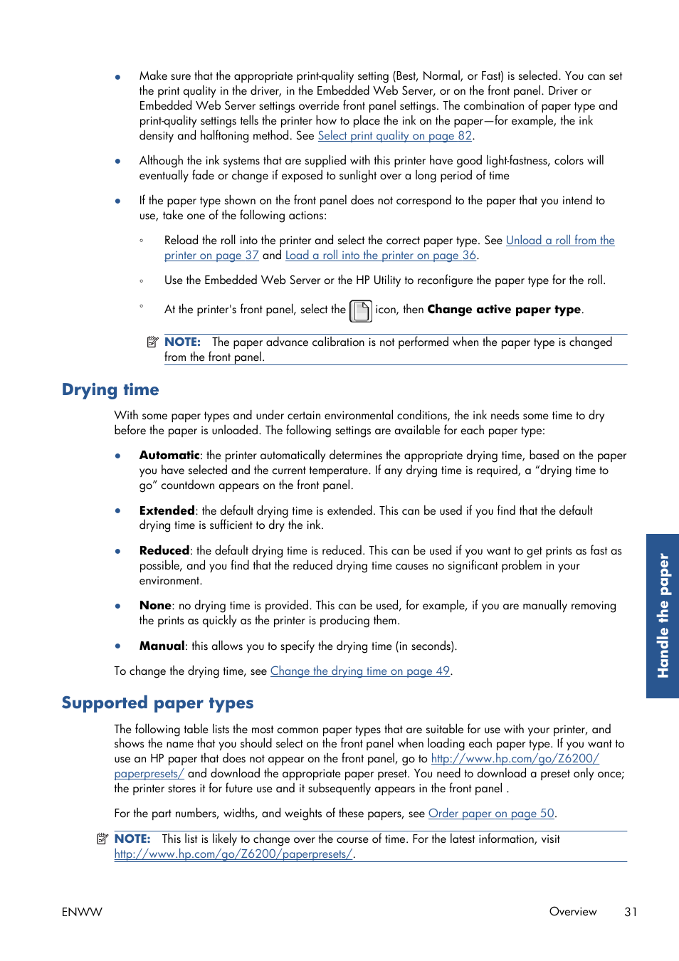 Drying time, Supported paper types | HP Designjet Z6200 Photo Printer User Manual | Page 39 / 220