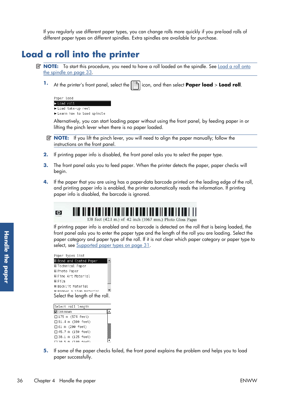 Load a roll into the printer | HP Designjet Z6200 Photo Printer User Manual | Page 44 / 220