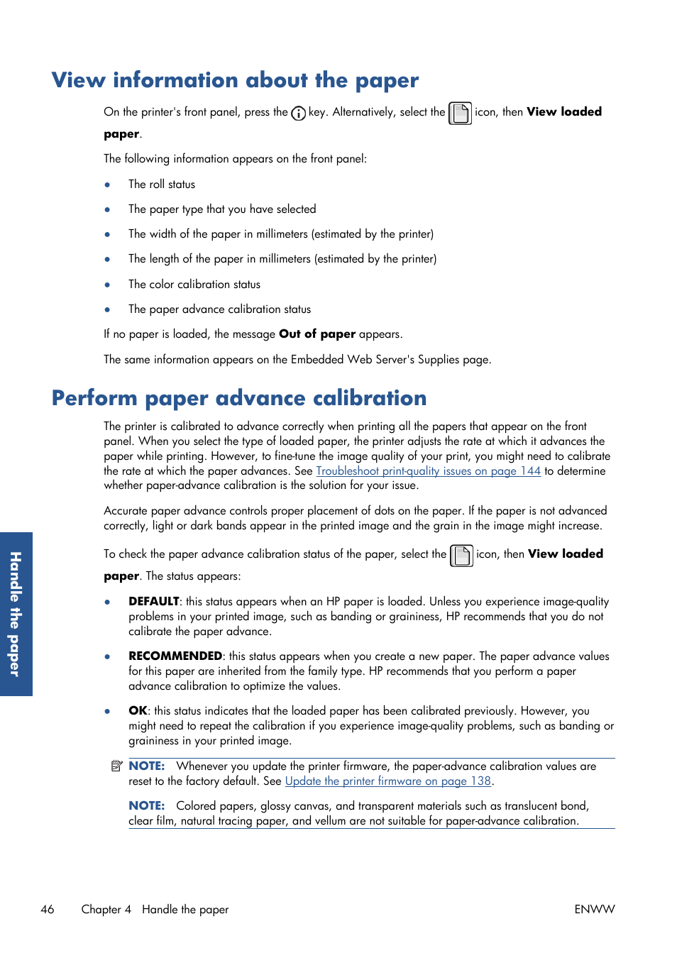 View information about the paper, Perform paper advance calibration | HP Designjet Z6200 Photo Printer User Manual | Page 54 / 220