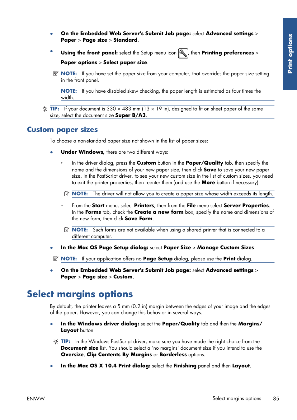 Custom paper sizes, Select margins options | HP Designjet Z6200 Photo Printer User Manual | Page 93 / 220