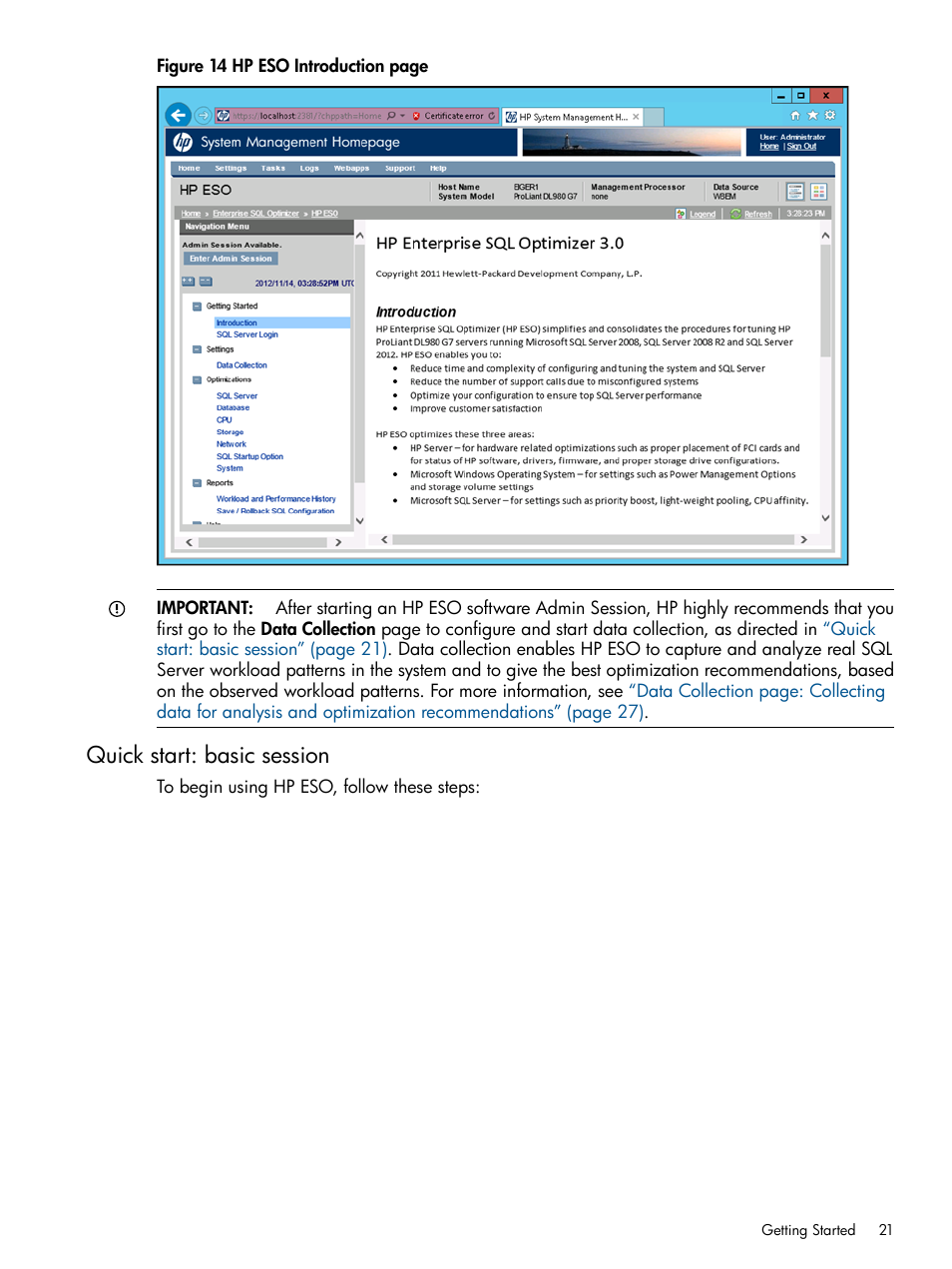 Quick start: basic session, Quick | HP ProLiant DL980 G7 Server User Manual | Page 21 / 57