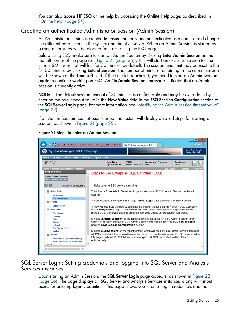 Creating an authenticated administrator session, Sql server login: setting credentials and, Sql server login: setting | HP ProLiant DL980 G7 Server User Manual | Page 25 / 57