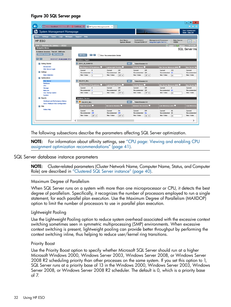 Sql server database instance parameters, Maximum degree of parallelism, Lightweight pooling | Priority boost | HP ProLiant DL980 G7 Server User Manual | Page 32 / 57