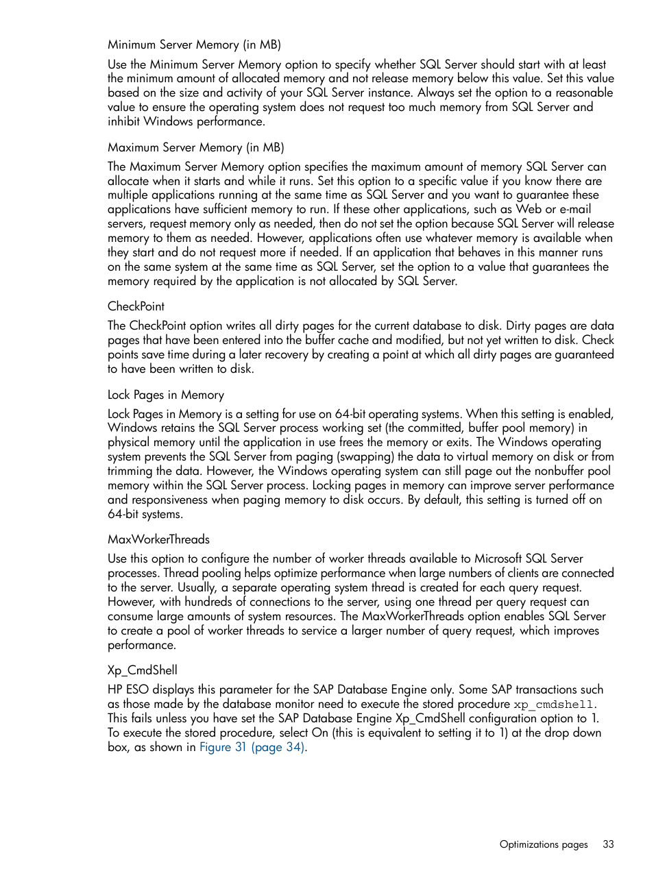 Minimum server memory (in mb), Maximum server memory (in mb), Checkpoint | Maxworkerthreads, Xp_cmdshell | HP ProLiant DL980 G7 Server User Manual | Page 33 / 57