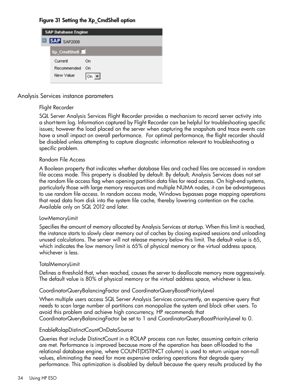 Analysis services instance parameters, Flight recorder, Random file access | Lowmemorylimit, Totalmemorylimit, Enablerolapdistinctcountondatasource | HP ProLiant DL980 G7 Server User Manual | Page 34 / 57