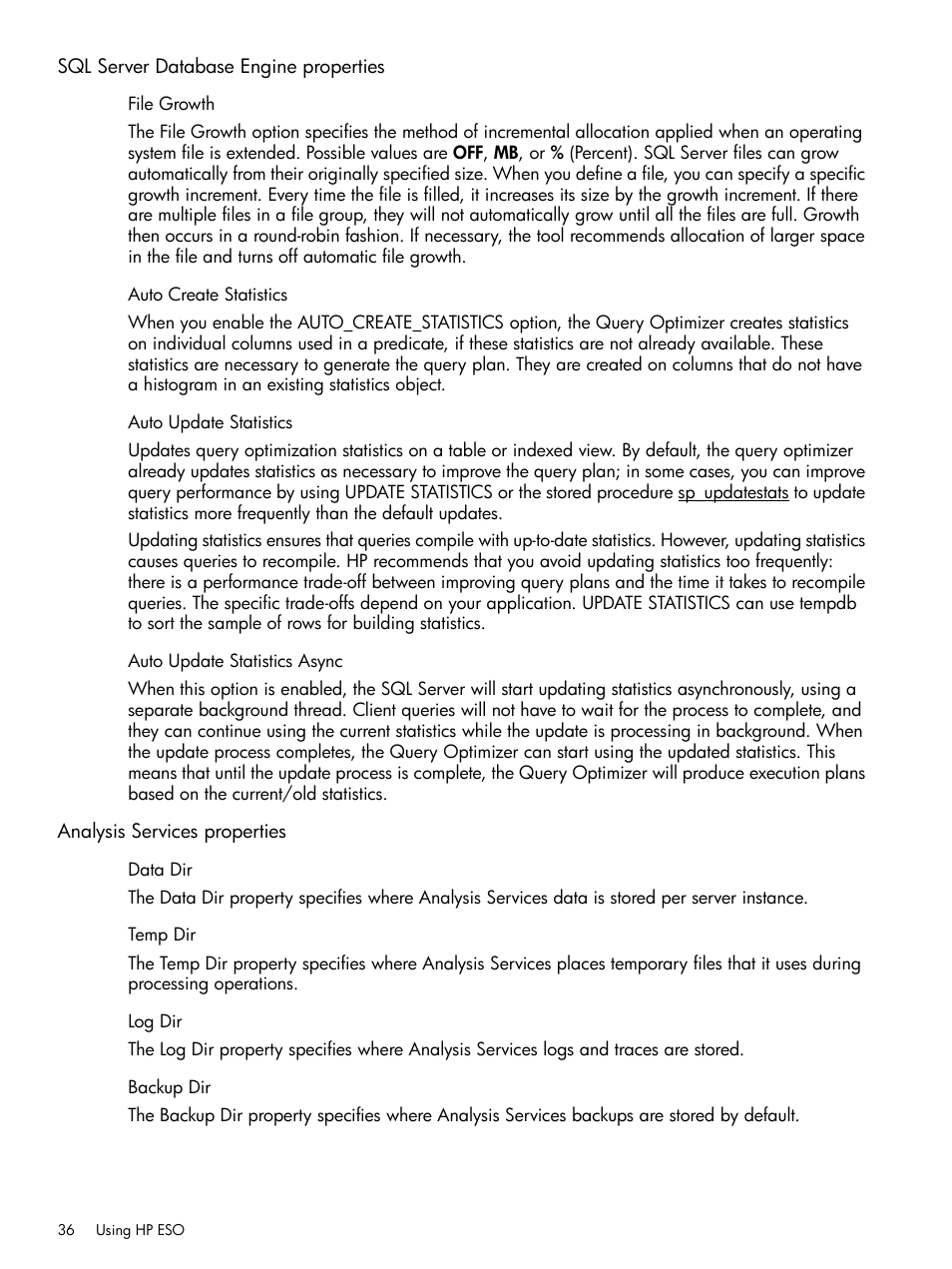 Sql server database engine properties, File growth, Auto create statistics | Auto update statistics, Auto update statistics async, Analysis services properties, Data dir, Temp dir, Log dir, Backup dir | HP ProLiant DL980 G7 Server User Manual | Page 36 / 57