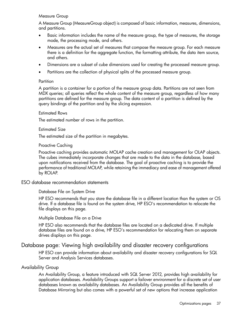 Measure group, Partition, Estimated rows | Estimated size, Proactive caching, Eso database recommendation statements, Database file on system drive, Multiple database file on a drive, Availability group | HP ProLiant DL980 G7 Server User Manual | Page 37 / 57