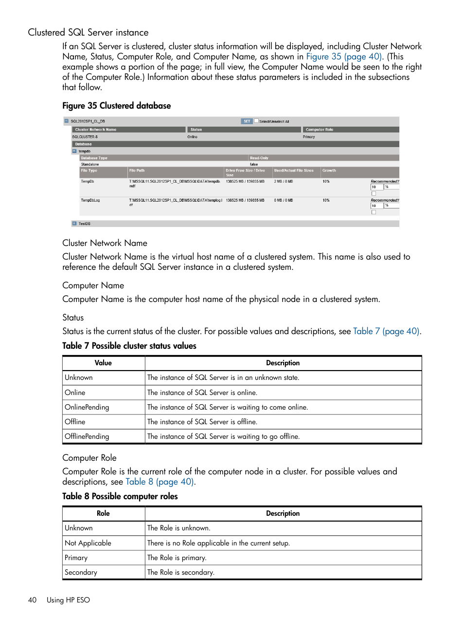 Clustered sql server instance, Cluster network name, Computer name | Status, Computer role | HP ProLiant DL980 G7 Server User Manual | Page 40 / 57