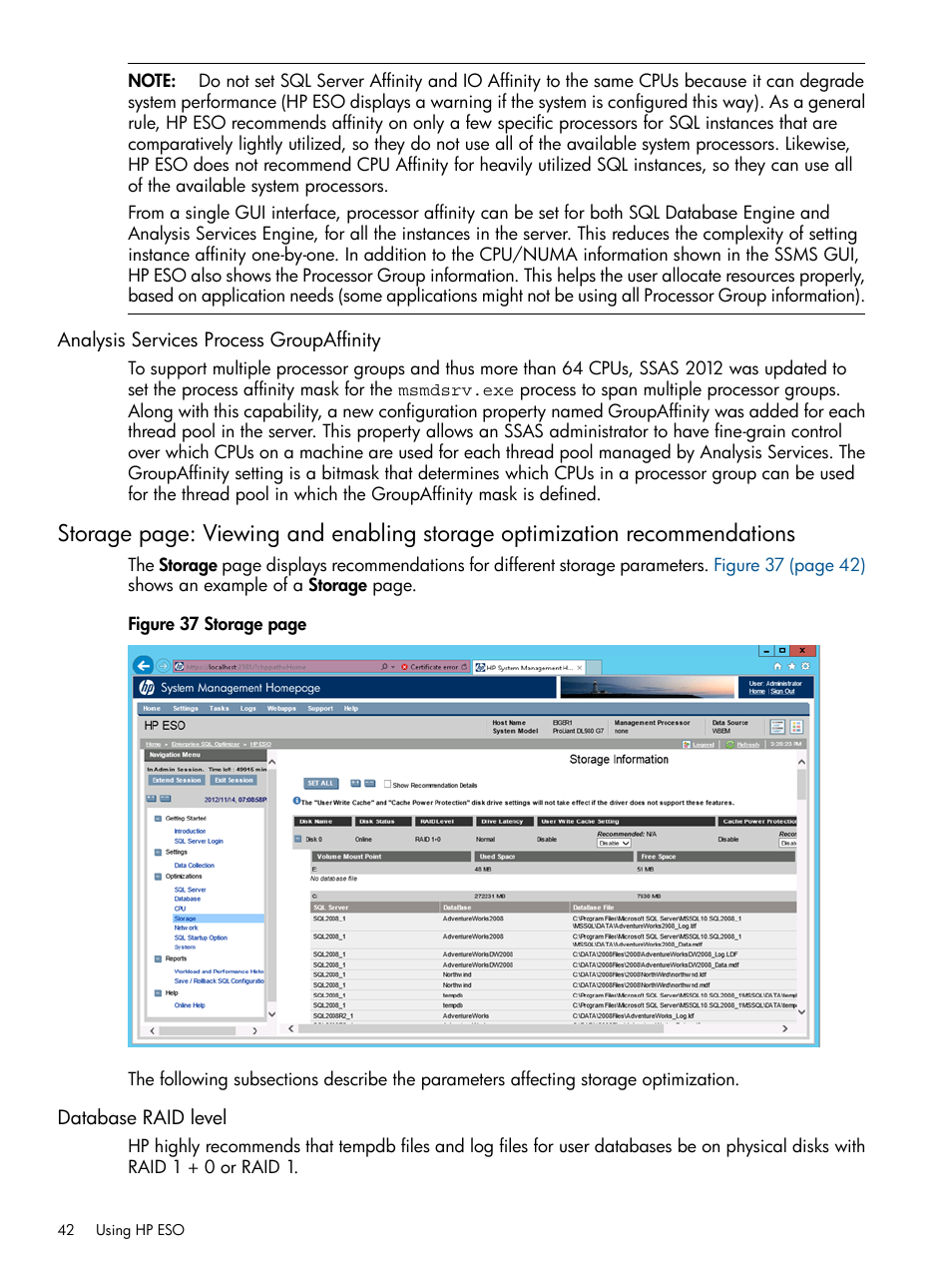 Analysis services process groupaffinity, Database raid level | HP ProLiant DL980 G7 Server User Manual | Page 42 / 57