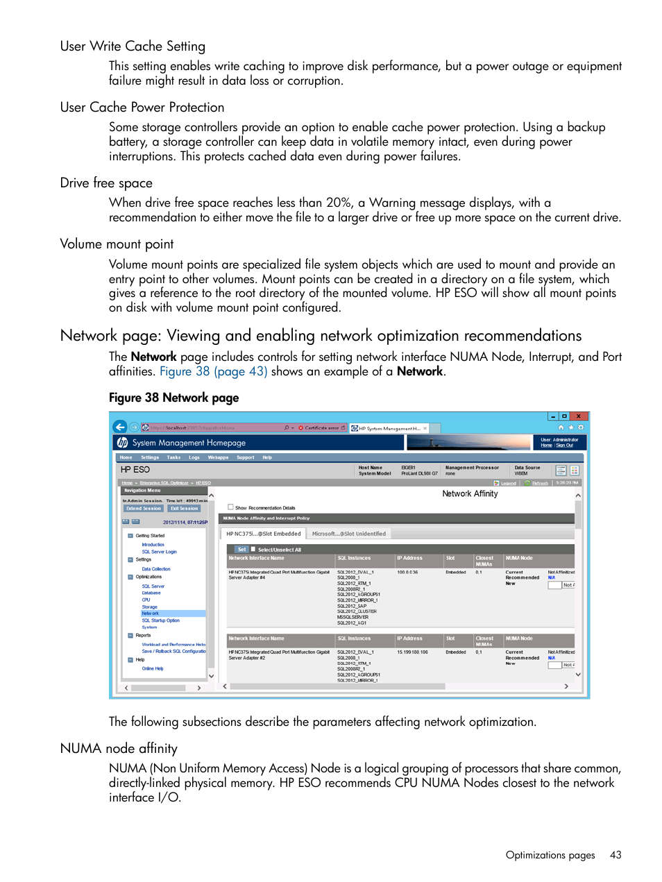 User write cache setting, User cache power protection, Drive free space | Volume mount point, Numa node affinity | HP ProLiant DL980 G7 Server User Manual | Page 43 / 57