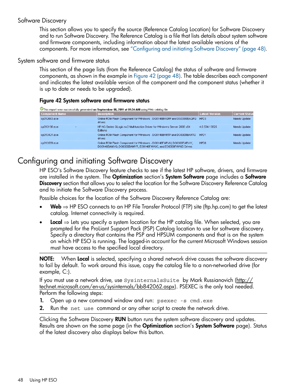 Software discovery, System software and firmware status, Configuring and initiating software discovery | HP ProLiant DL980 G7 Server User Manual | Page 48 / 57