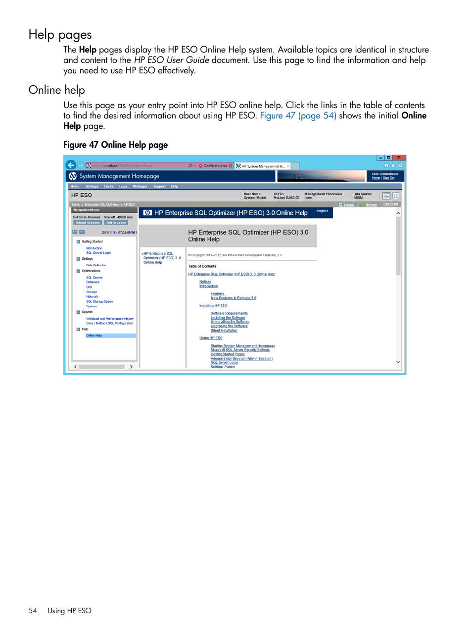 Online help, Help pages | HP ProLiant DL980 G7 Server User Manual | Page 54 / 57