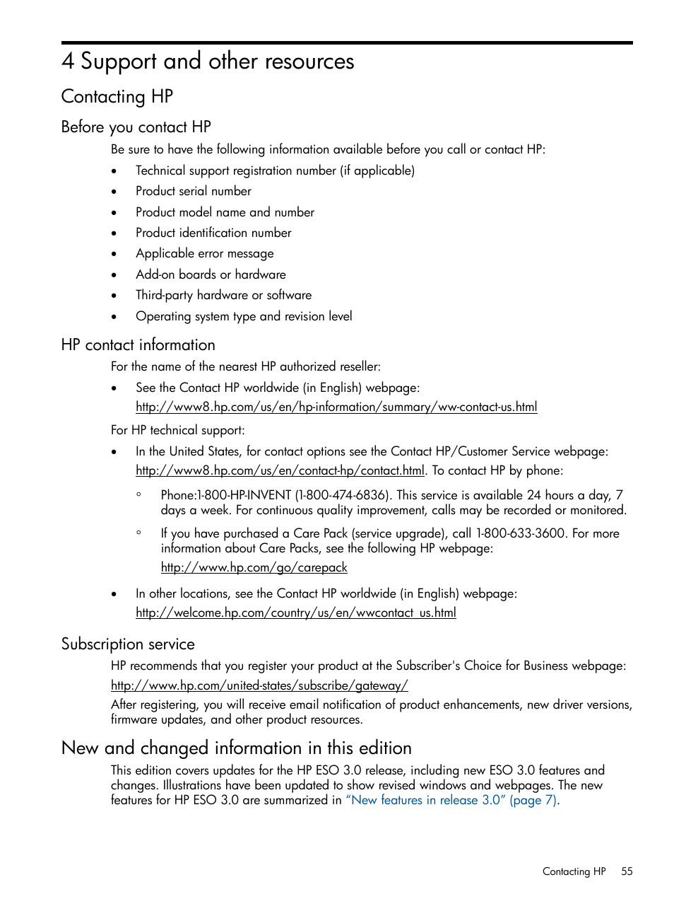 4 support and other resources, Contacting hp, Before you contact hp | Hp contact information, Subscription service, New and changed information in this edition | HP ProLiant DL980 G7 Server User Manual | Page 55 / 57