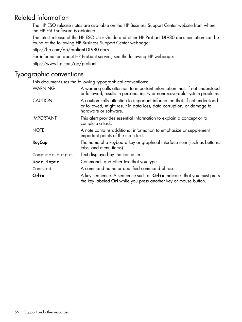 Related information, Typographic conventions, Related information typographic conventions | HP ProLiant DL980 G7 Server User Manual | Page 56 / 57