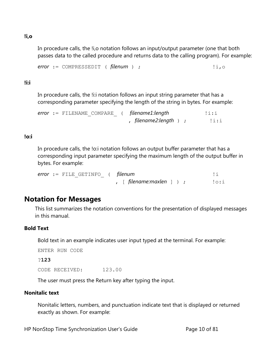 Notation for messages, Bold text, Nonitalic text | HP NonStop G-Series User Manual | Page 10 / 81