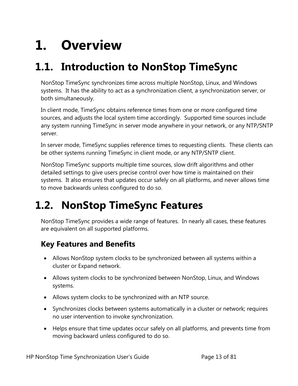 Overview, Introduction to nonstop timesync, Nonstop timesync features | Key features and benefits | HP NonStop G-Series User Manual | Page 13 / 81