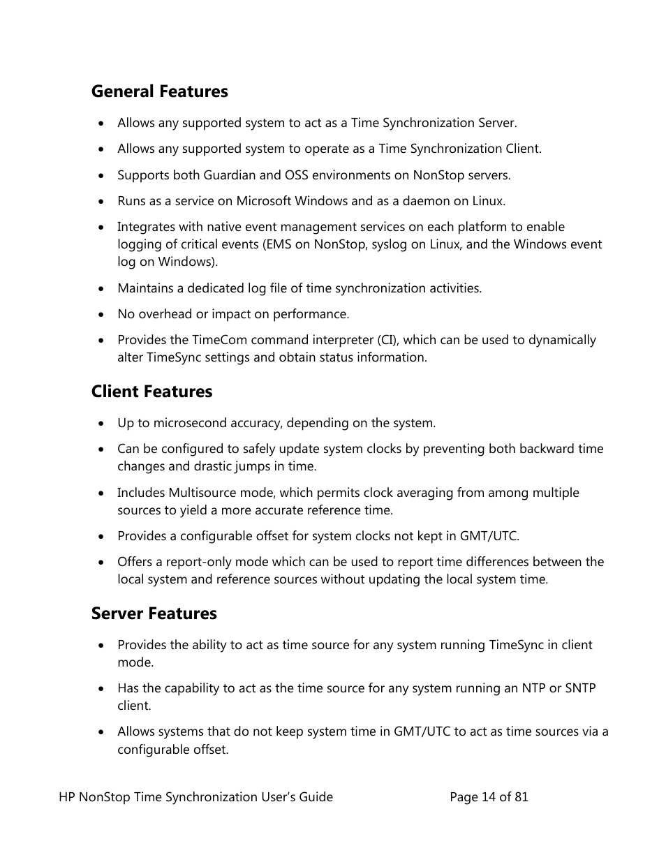 General features, Client features, Server features | HP NonStop G-Series User Manual | Page 14 / 81