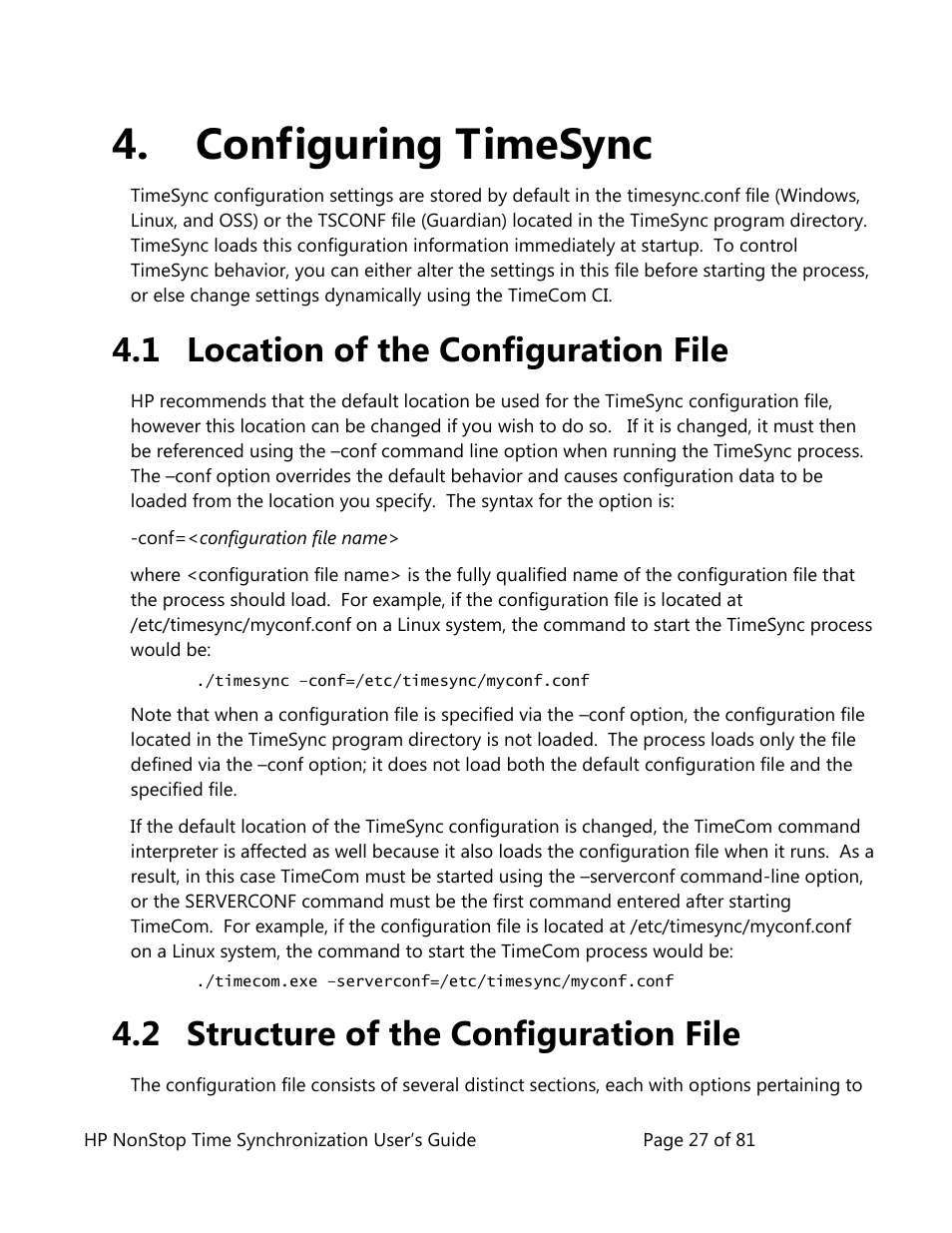 Configuring timesync, Location of the configuration file, Structure of the configuration file | 1 location of the configuration file, 2 structure of the configuration file | HP NonStop G-Series User Manual | Page 27 / 81