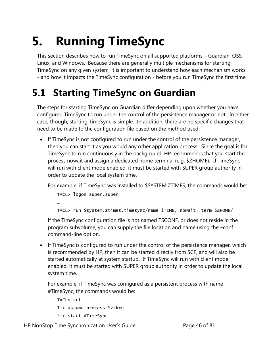 Running timesync, Starting timesync on guardian, 1 starting timesync on guardian | HP NonStop G-Series User Manual | Page 46 / 81