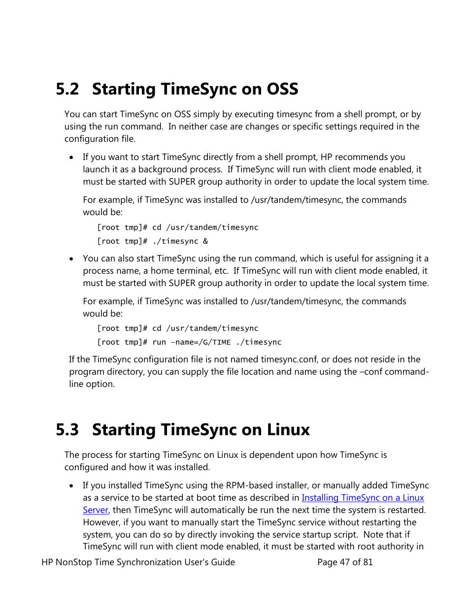 Starting timesync on oss, Starting timesync on linux, 2 starting timesync on oss | 3 starting timesync on linux | HP NonStop G-Series User Manual | Page 47 / 81