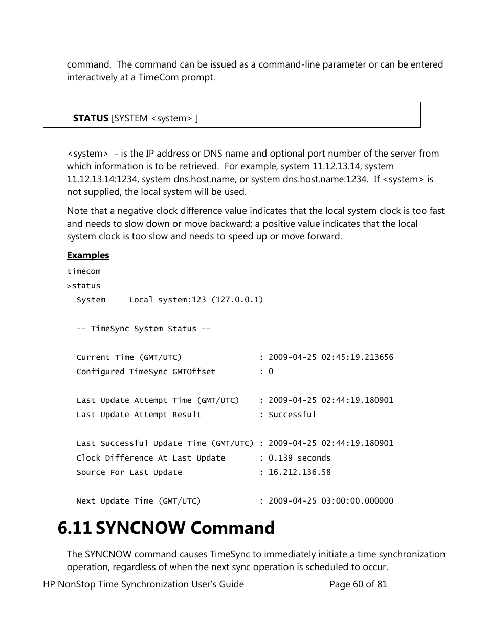 Syncnow command, 11 syncnow command | HP NonStop G-Series User Manual | Page 60 / 81