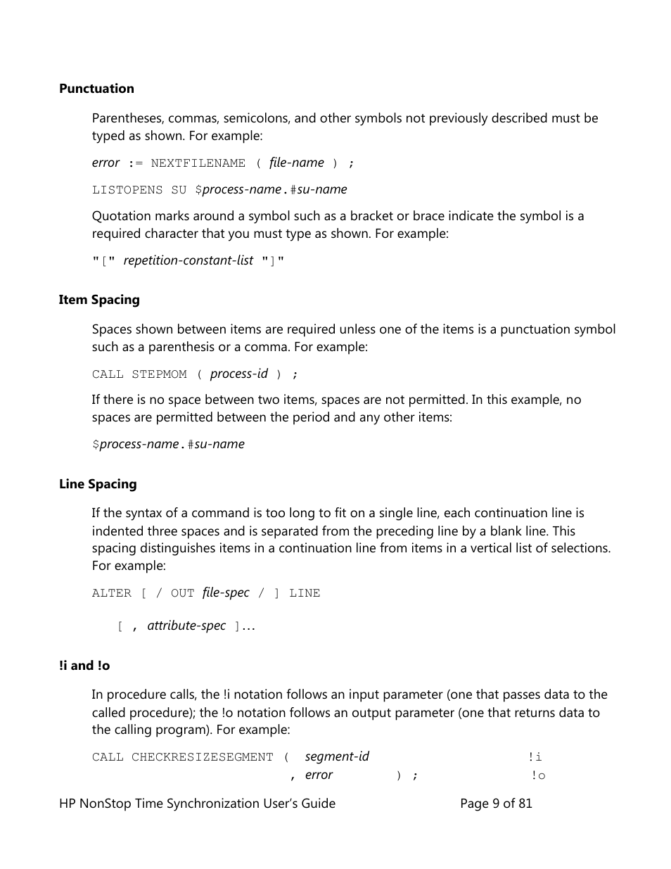 Punctuation, Item spacing, Line spacing | I and !o | HP NonStop G-Series User Manual | Page 9 / 81