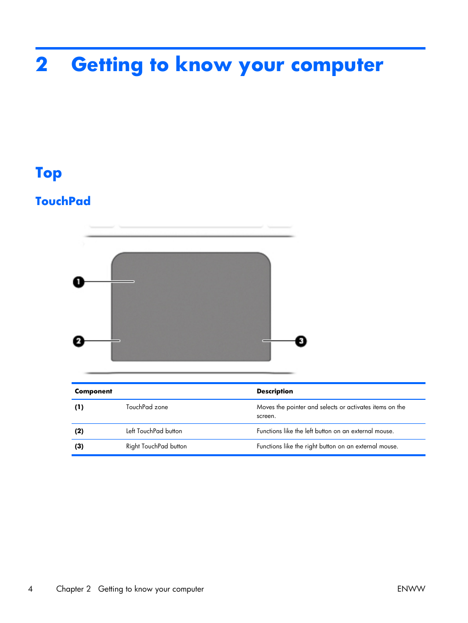 Getting to know your computer, Touchpad, 2 getting to know your computer | Fer to, Getting to know | HP EliteBook Folio 1040 G1 Notebook PC User Manual | Page 14 / 101